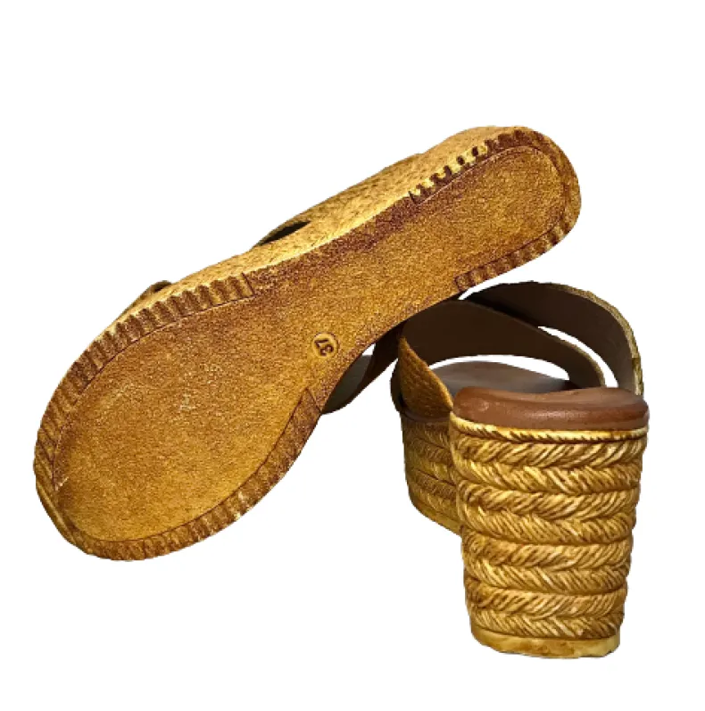 Wedge With Double Band In Mustard Raffia